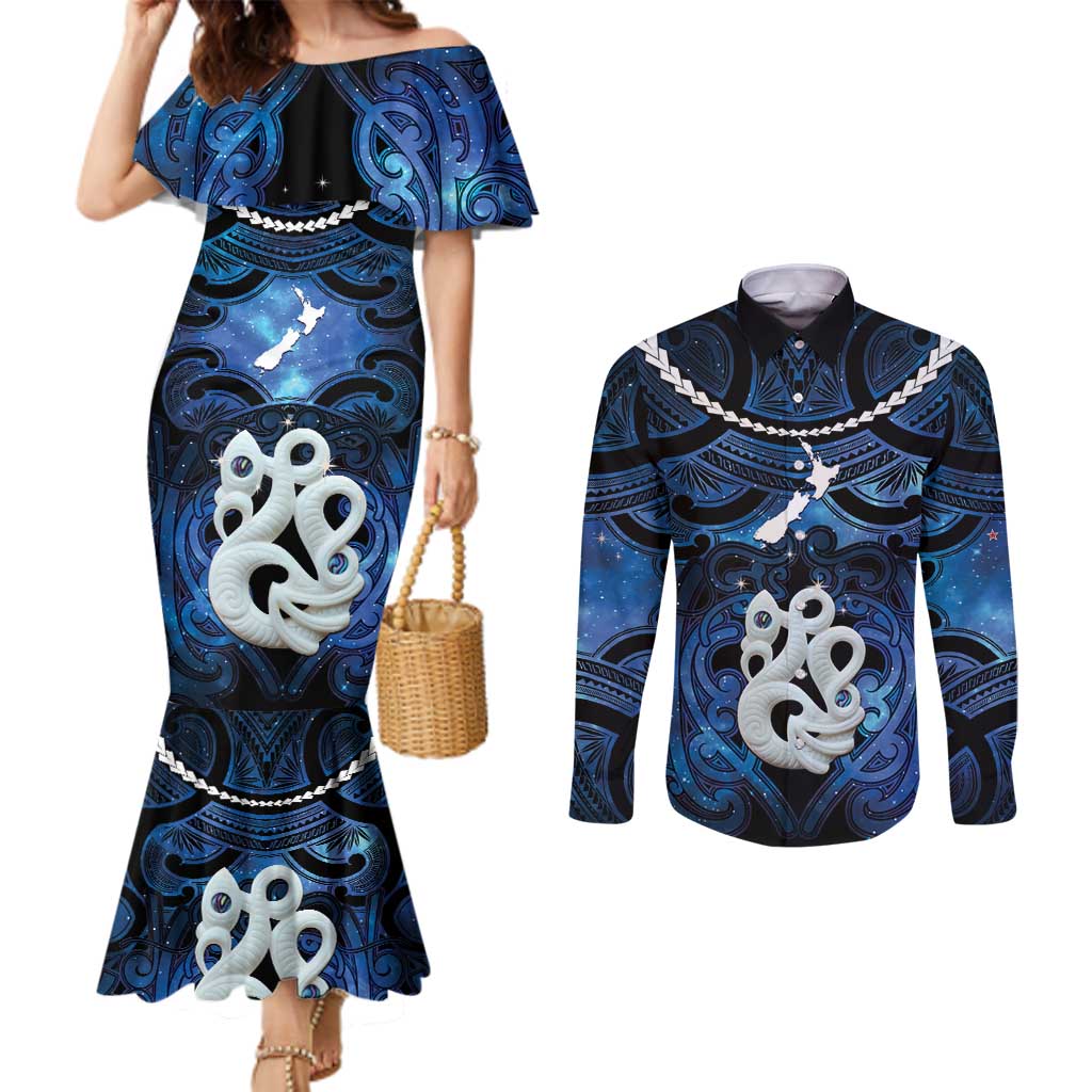 Personalized Maori Matariki Manaia Couples Matching Mermaid Dress and Long Sleeve Button Shirt Maori Kowhaiwhai Pattern Galaxy LT01 Blue - Polynesian Pride