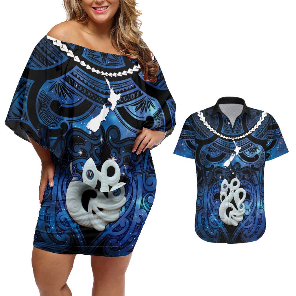Personalized Maori Matariki Manaia Couples Matching Off Shoulder Short Dress and Hawaiian Shirt Maori Kowhaiwhai Pattern Galaxy LT01 Blue - Polynesian Pride