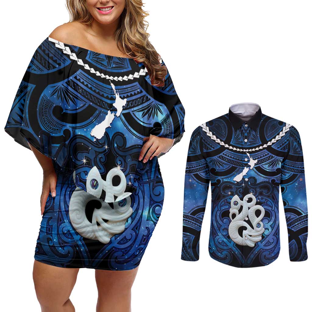 Personalized Maori Matariki Manaia Couples Matching Off Shoulder Short Dress and Long Sleeve Button Shirt Maori Kowhaiwhai Pattern Galaxy LT01 Blue - Polynesian Pride