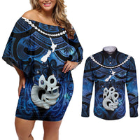 Personalized Maori Matariki Manaia Couples Matching Off Shoulder Short Dress and Long Sleeve Button Shirt Maori Kowhaiwhai Pattern Galaxy
