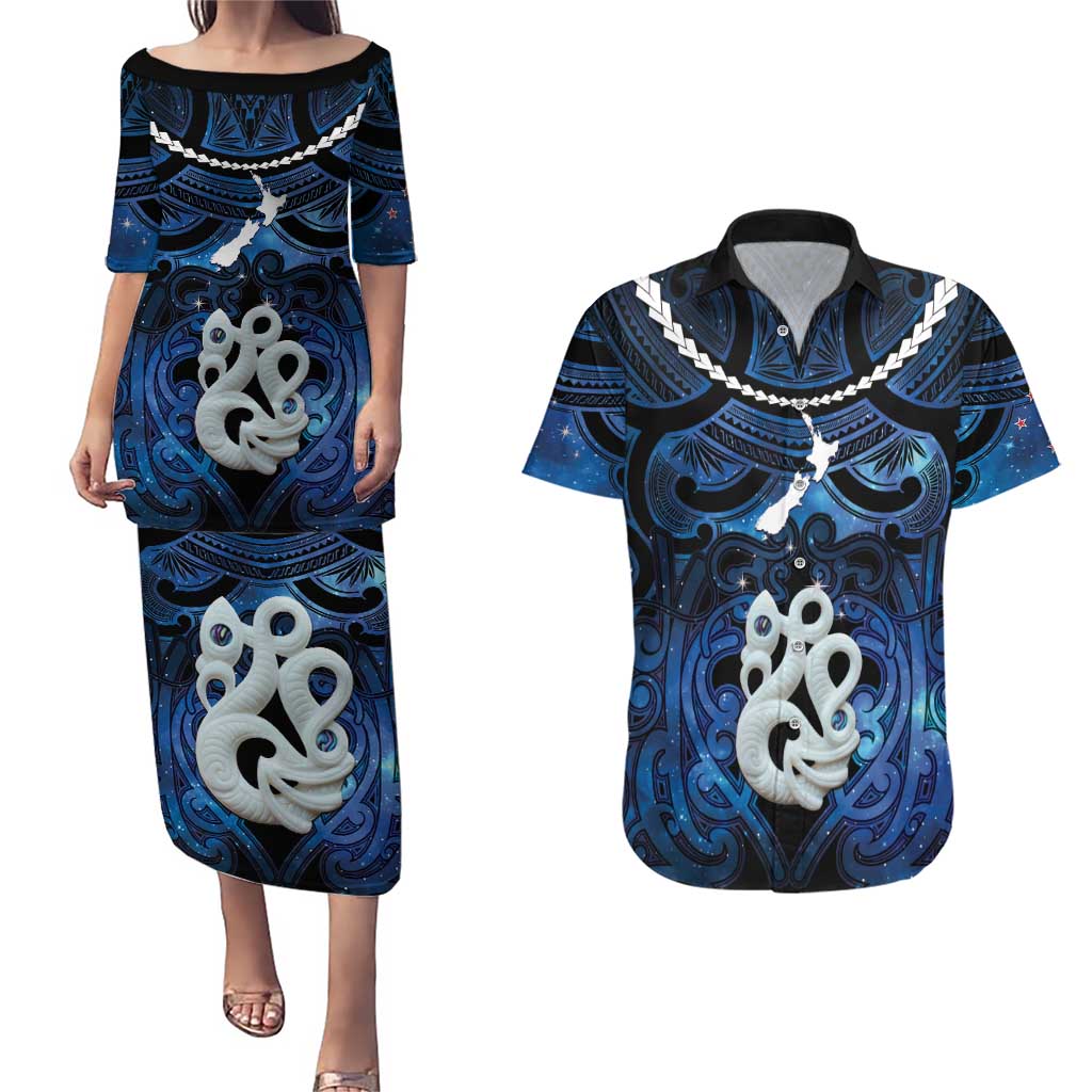 Personalized Maori Matariki Manaia Couples Matching Puletasi and Hawaiian Shirt Maori Kowhaiwhai Pattern Galaxy LT01 Blue - Polynesian Pride