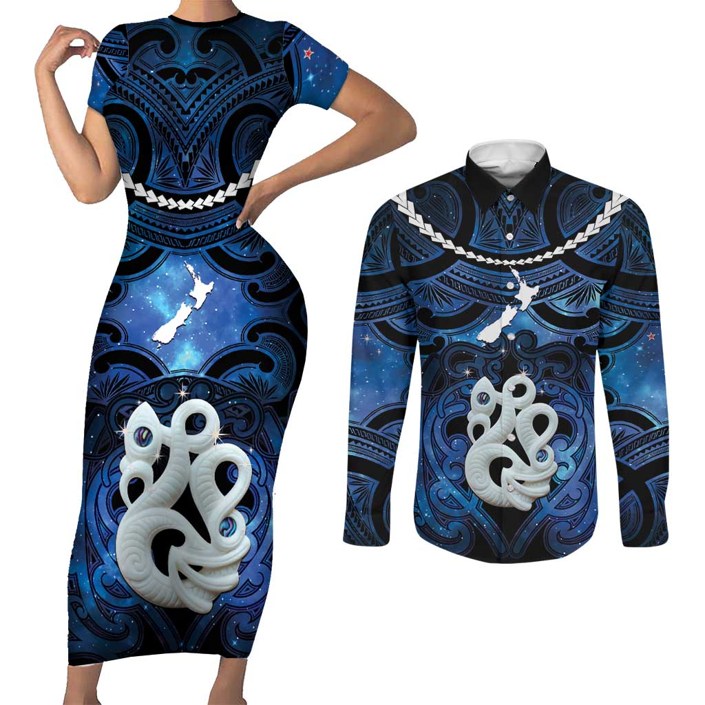 Personalized Maori Matariki Manaia Couples Matching Short Sleeve Bodycon Dress and Long Sleeve Button Shirt Maori Kowhaiwhai Pattern Galaxy LT01 Blue - Polynesian Pride