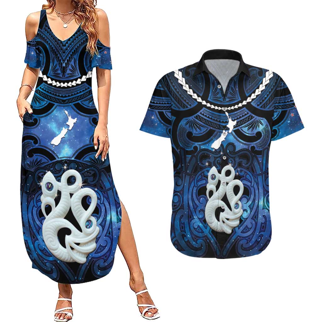 Personalized Maori Matariki Manaia Couples Matching Summer Maxi Dress and Hawaiian Shirt Maori Kowhaiwhai Pattern Galaxy LT01 Blue - Polynesian Pride