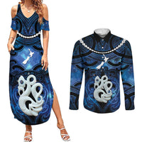 Personalized Maori Matariki Manaia Couples Matching Summer Maxi Dress and Long Sleeve Button Shirt Maori Kowhaiwhai Pattern Galaxy LT01 Blue - Polynesian Pride