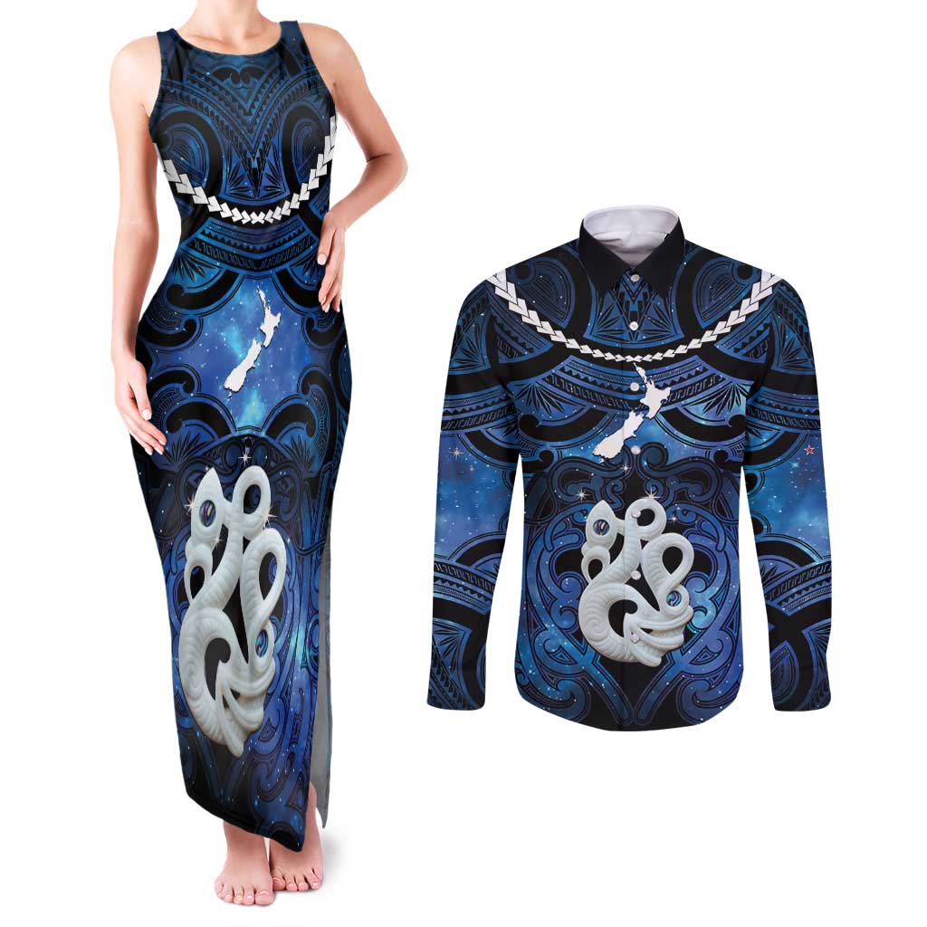 Personalized Maori Matariki Manaia Couples Matching Tank Maxi Dress and Long Sleeve Button Shirt Maori Kowhaiwhai Pattern Galaxy LT01 Blue - Polynesian Pride