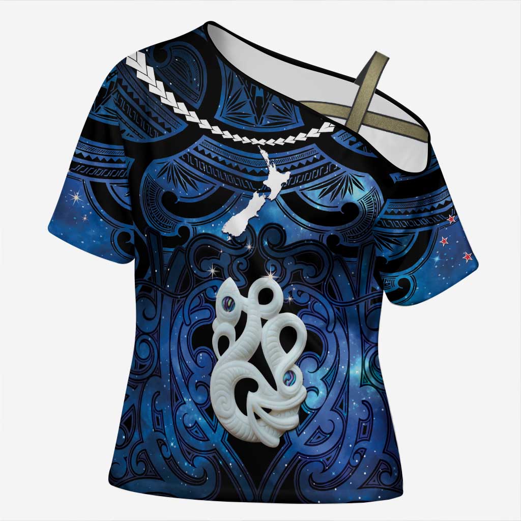 Personalized Maori Matariki Manaia Cross Shoulder Shirt Maori Kowhaiwhai Pattern Galaxy LT01 Female Blue - Polynesian Pride