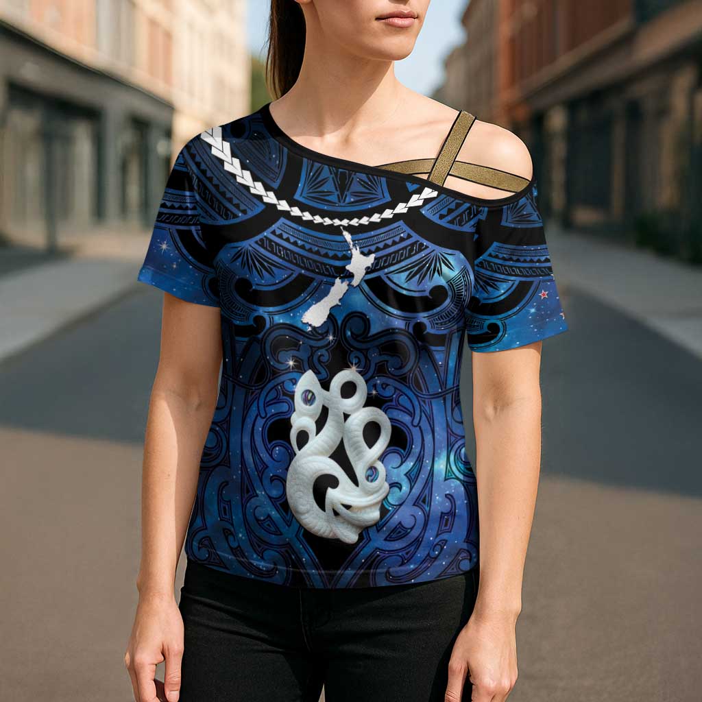 Personalized Maori Matariki Manaia Cross Shoulder Shirt Maori Kowhaiwhai Pattern Galaxy LT01 - Polynesian Pride