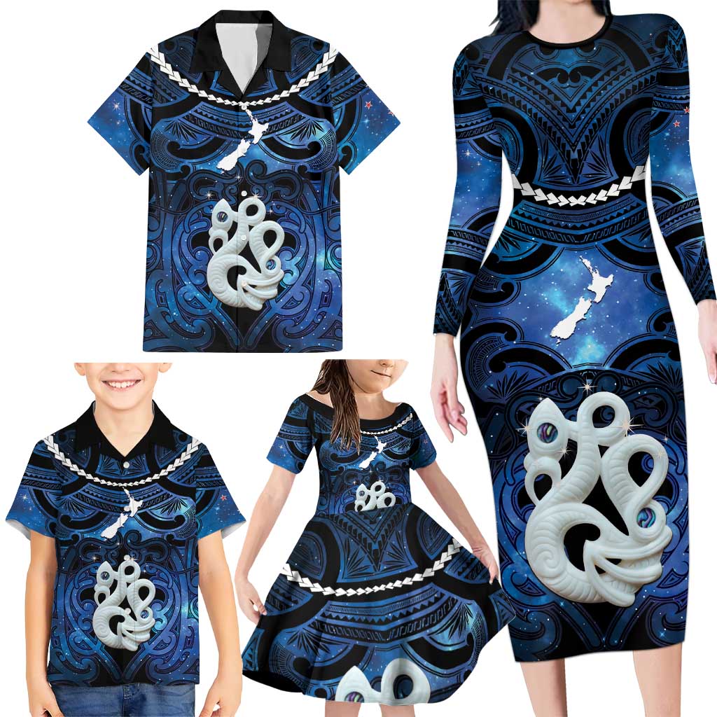 Personalized Maori Matariki Manaia Family Matching Long Sleeve Bodycon Dress and Hawaiian Shirt Maori Kowhaiwhai Pattern Galaxy LT01 - Polynesian Pride