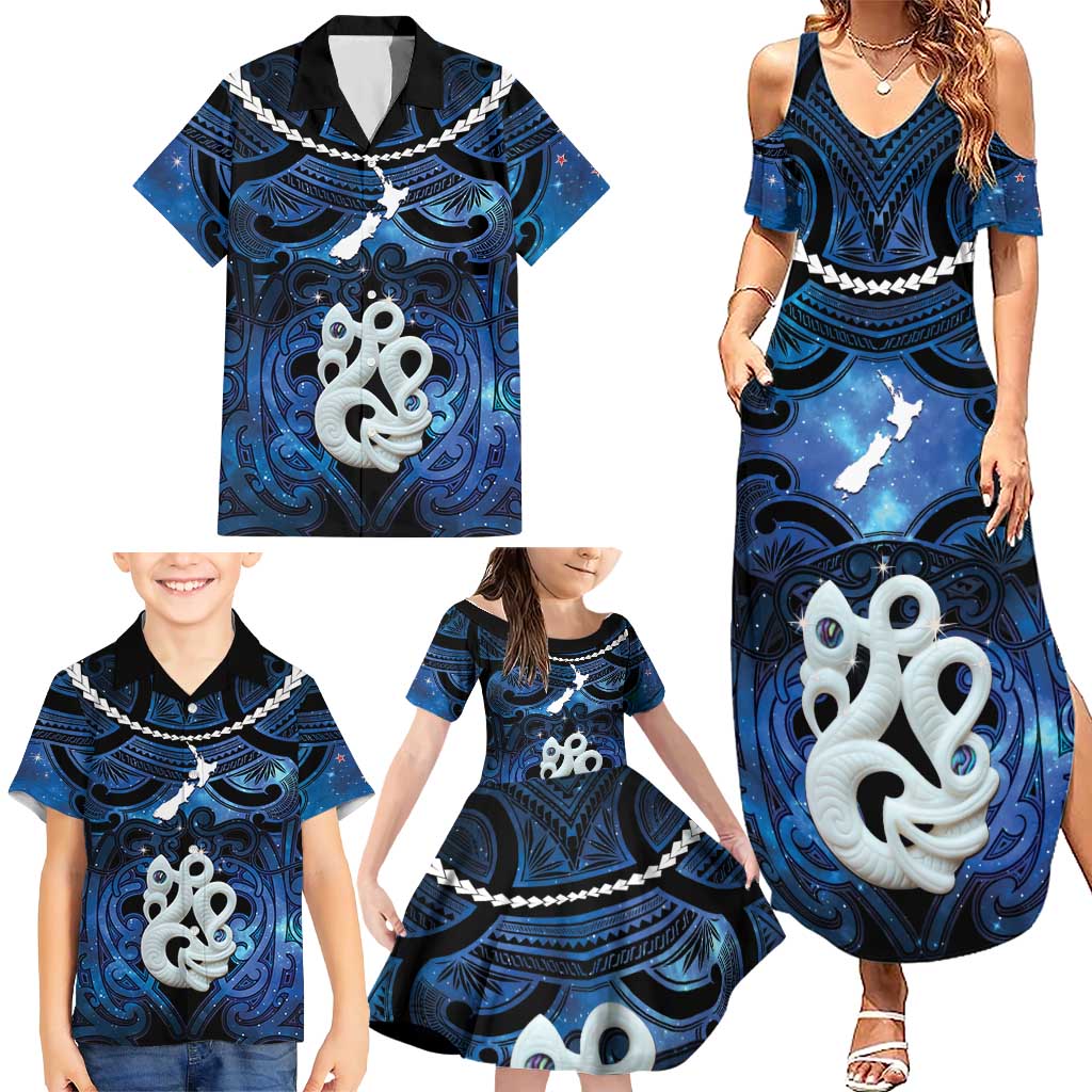 Personalized Maori Matariki Manaia Family Matching Summer Maxi Dress and Hawaiian Shirt Maori Kowhaiwhai Pattern Galaxy LT01 - Polynesian Pride
