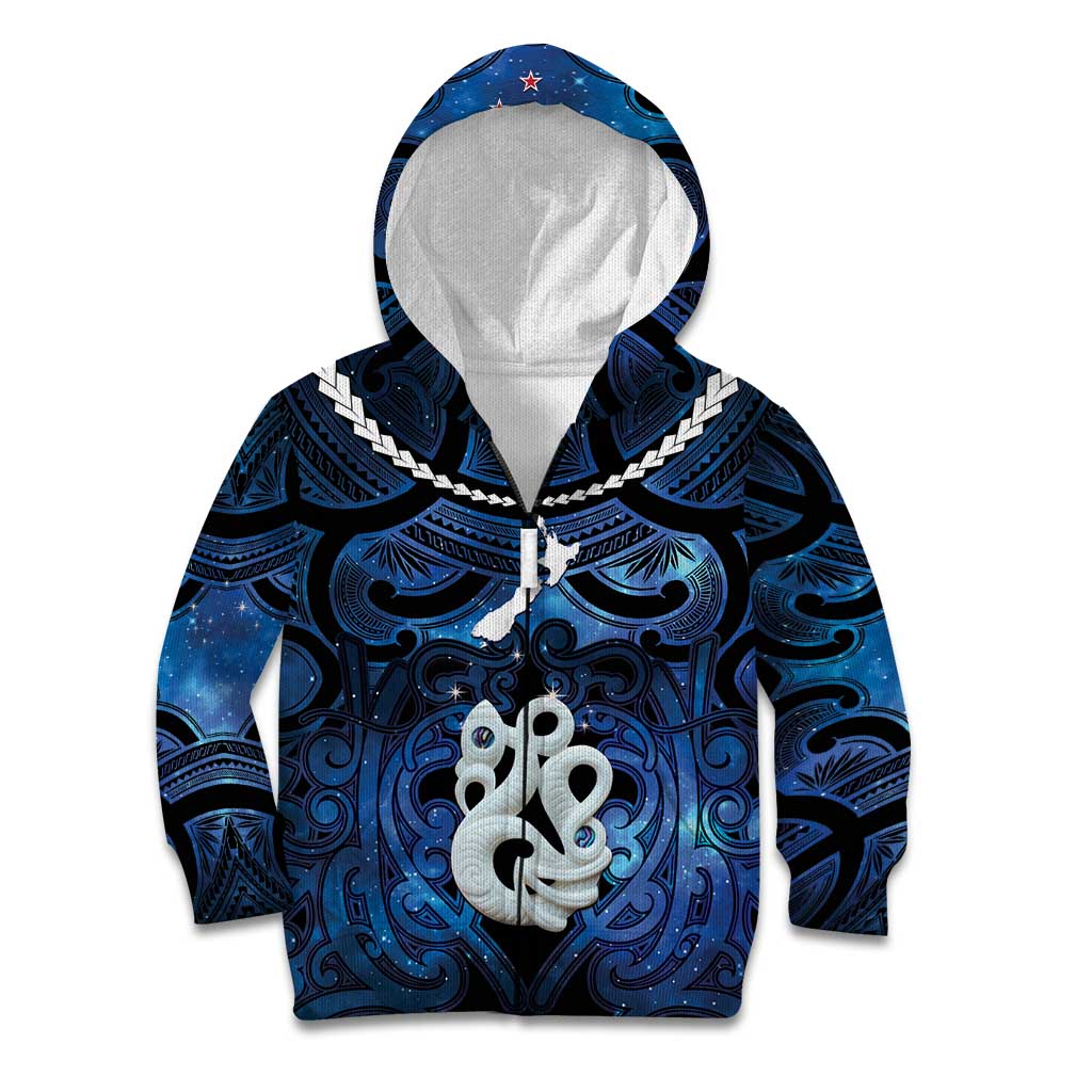 Personalized Maori Matariki Manaia Kid Hoodie Maori Kowhaiwhai Pattern Galaxy LT01 Zip Hoodie Blue - Polynesian Pride