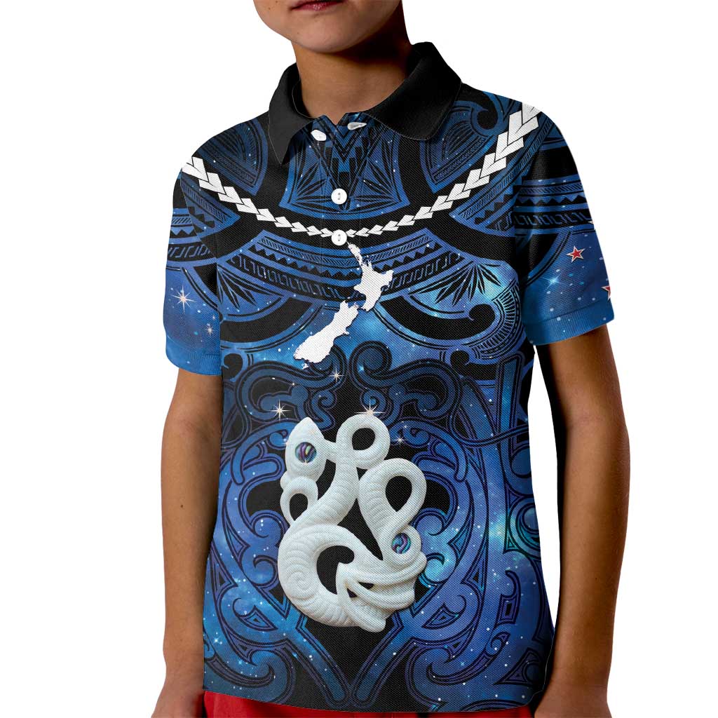 Personalized Maori Matariki Manaia Kid Polo Shirt Maori Kowhaiwhai Pattern Galaxy LT01 Kid Blue - Polynesian Pride
