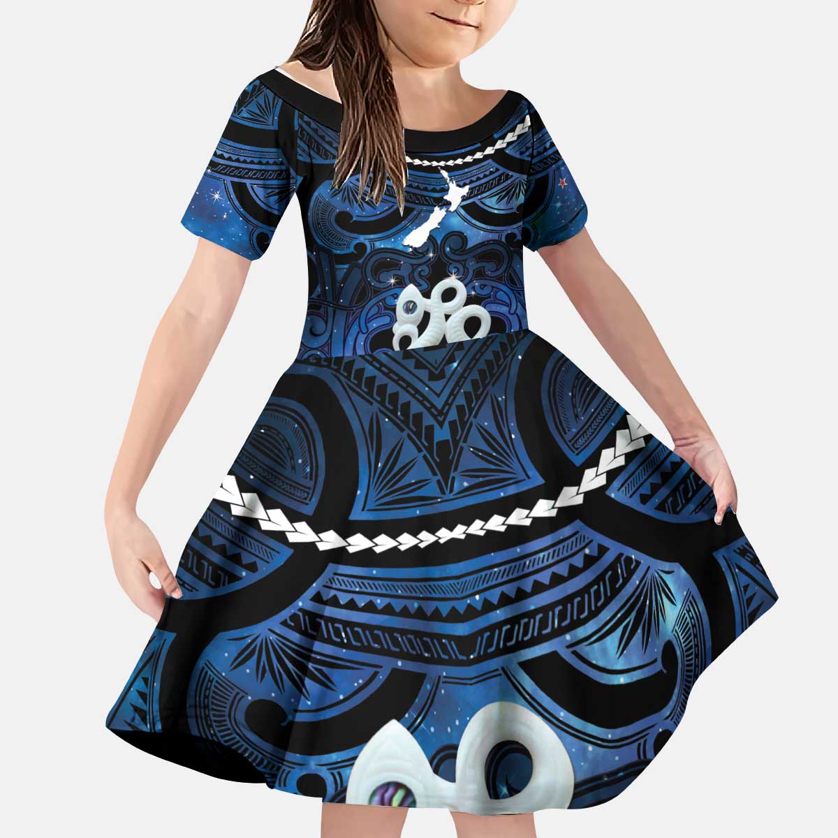 Personalized Maori Matariki Manaia Kid Short Sleeve Dress Maori Kowhaiwhai Pattern Galaxy