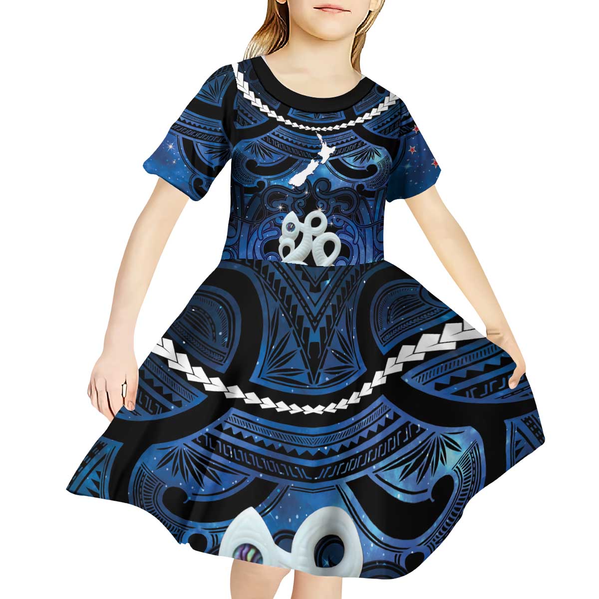 Personalized Maori Matariki Manaia Kid Short Sleeve Dress Maori Kowhaiwhai Pattern Galaxy