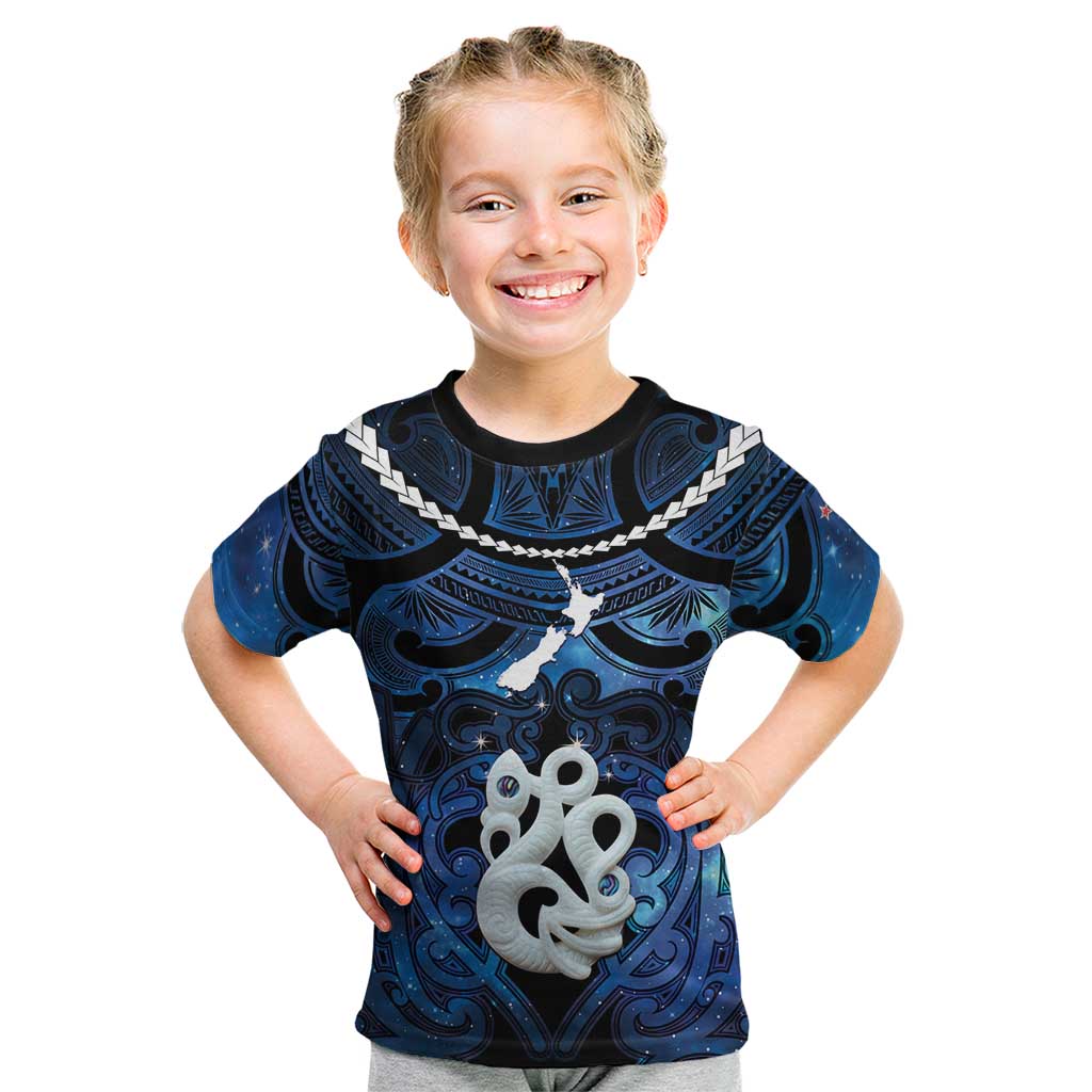 Personalized Maori Matariki Manaia Kid T Shirt Maori Kowhaiwhai Pattern Galaxy LT01 Blue - Polynesian Pride