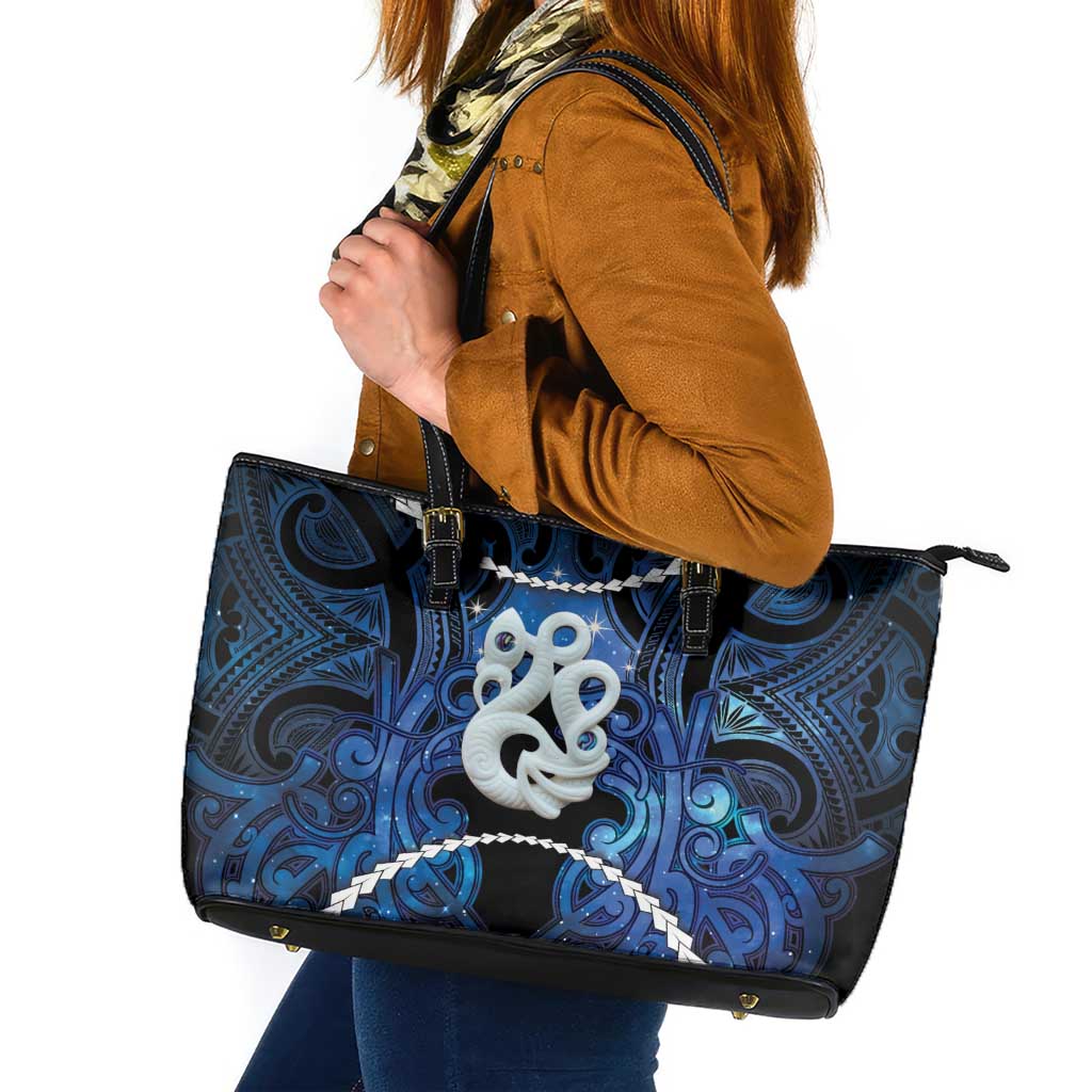 Maori Matariki Manaia Leather Tote Bag Maori Kowhaiwhai Pattern Galaxy LT01 Blue - Polynesian Pride