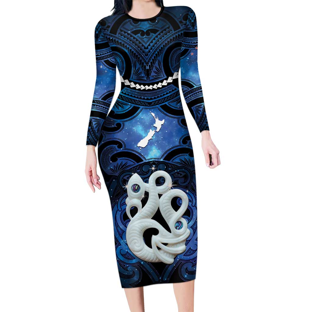 Personalized Maori Matariki Manaia Long Sleeve Bodycon Dress Maori Kowhaiwhai Pattern Galaxy LT01 Long Dress Blue - Polynesian Pride