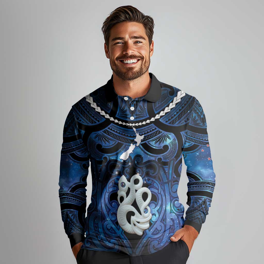 Personalized Maori Matariki Manaia Long Sleeve Polo Shirt Maori Kowhaiwhai Pattern Galaxy LT01 - Polynesian Pride