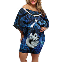 Personalized Maori Matariki Manaia Off Shoulder Short Dress Maori Kowhaiwhai Pattern Galaxy LT01 Women Blue - Polynesian Pride