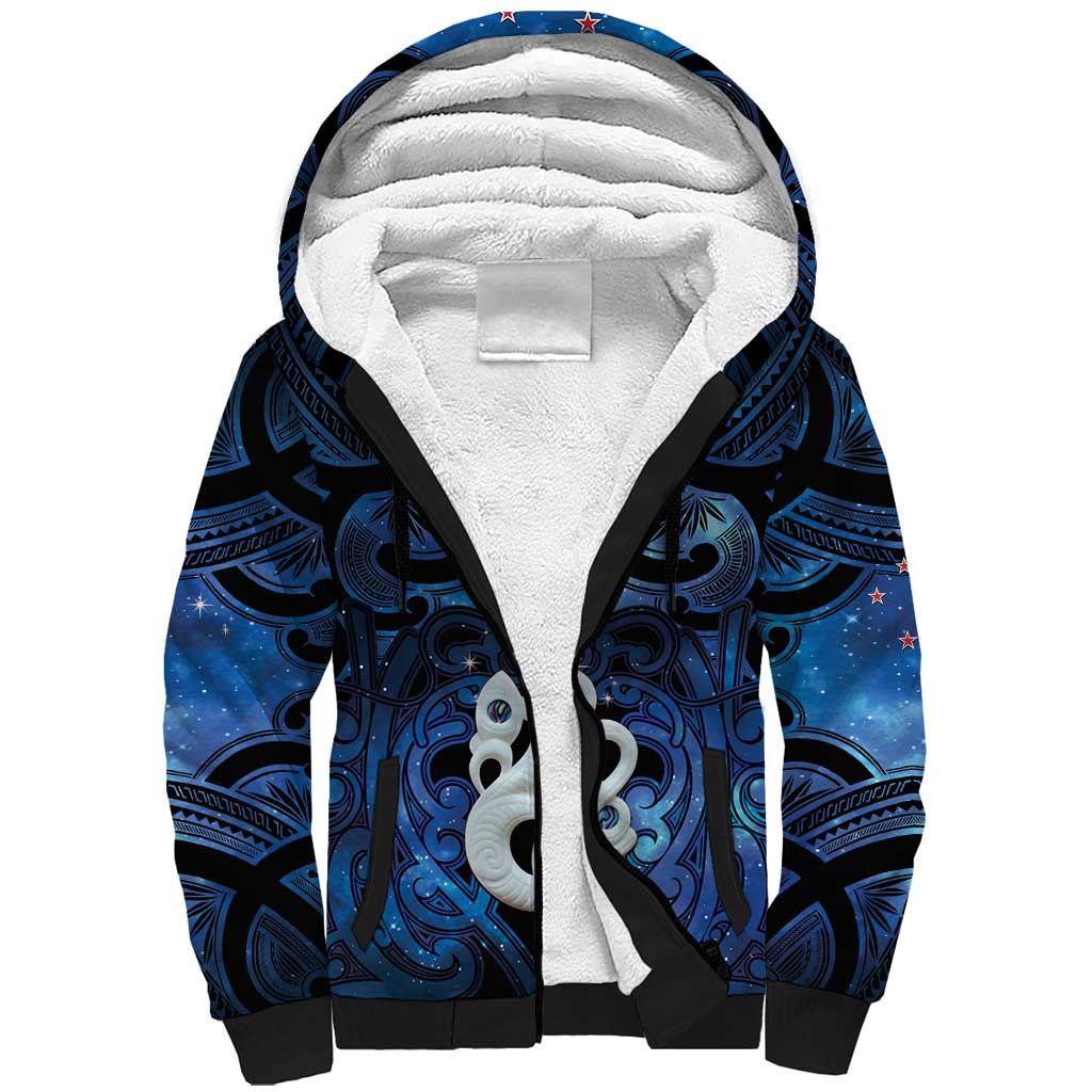 Personalized Maori Matariki Manaia Sherpa Hoodie Maori Kowhaiwhai Pattern Galaxy LT01 Unisex Blue - Polynesian Pride