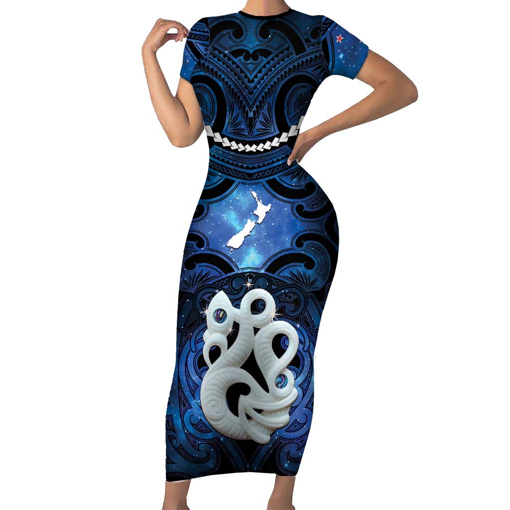Personalized Maori Matariki Manaia Short Sleeve Bodycon Dress Maori Kowhaiwhai Pattern Galaxy LT01 Long Dress Blue - Polynesian Pride