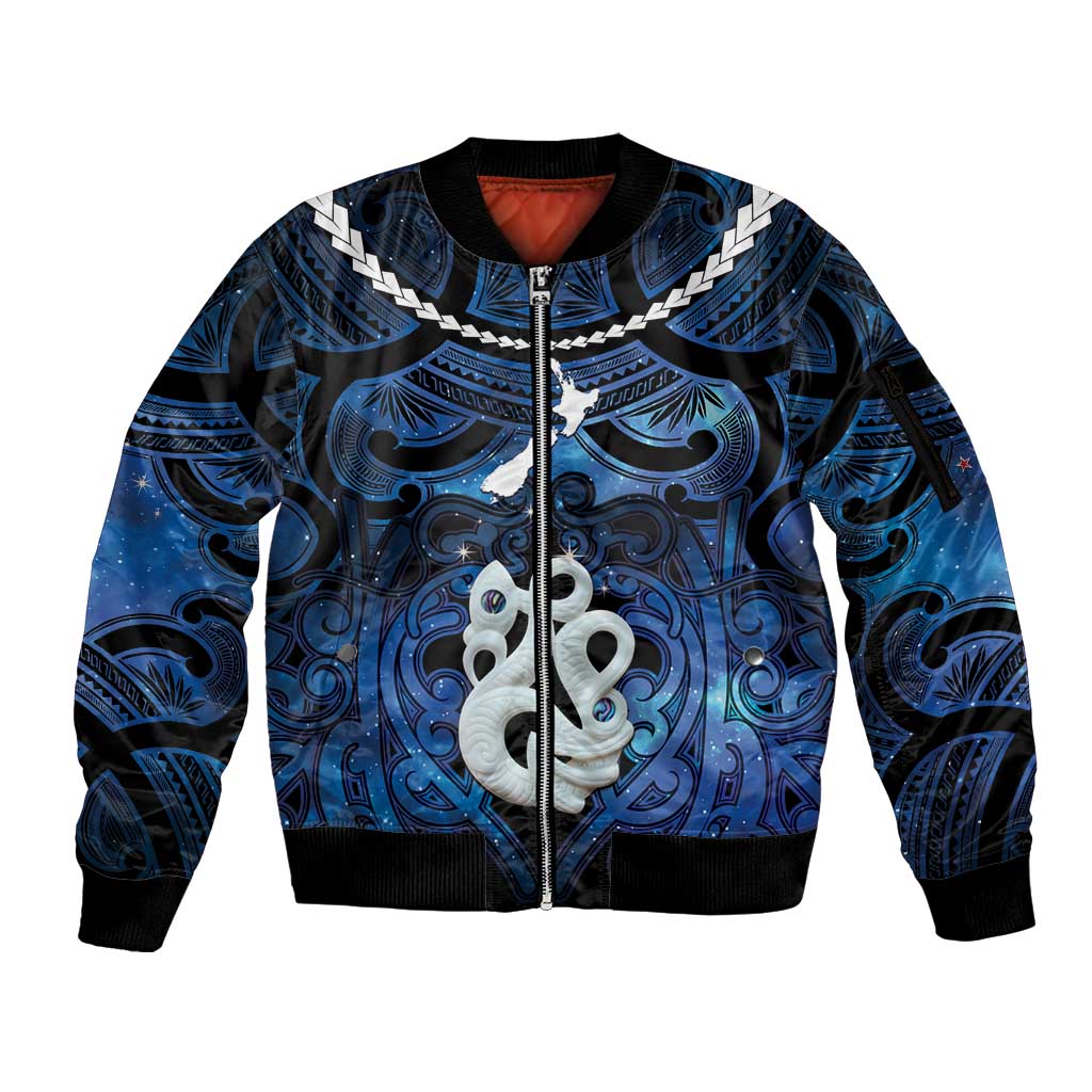 Personalized Maori Matariki Manaia Sleeve Zip Bomber Jacket Maori Kowhaiwhai Pattern Galaxy LT01 Unisex Blue - Polynesian Pride