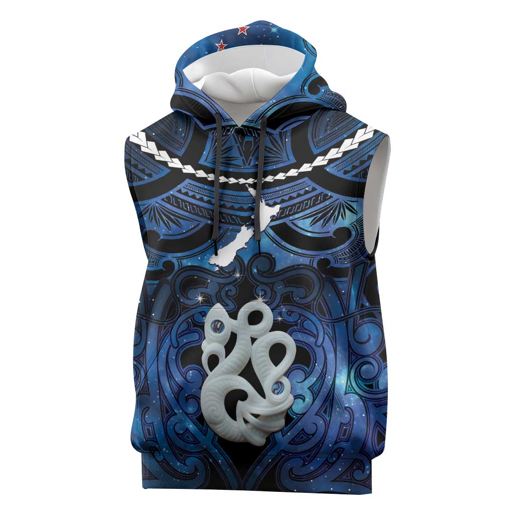 Personalized Maori Matariki Manaia Sleeveless Hoodie Maori Kowhaiwhai Pattern Galaxy LT01 Blue - Polynesian Pride