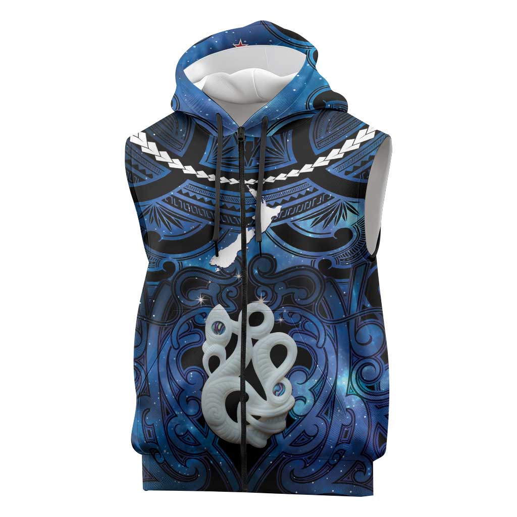 Personalized Maori Matariki Manaia Sleeveless Zip Hoodie Maori Kowhaiwhai Pattern Galaxy LT01 Blue - Polynesian Pride