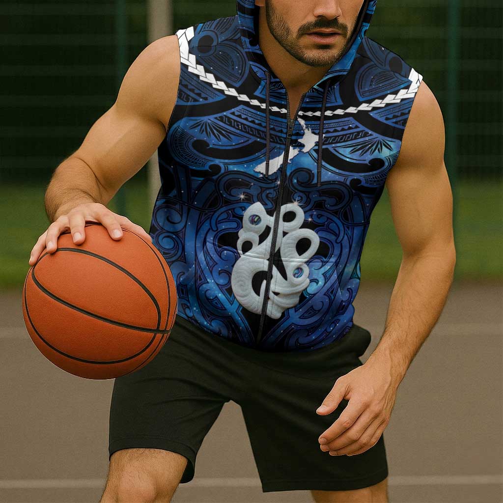 Personalized Maori Matariki Manaia Sleeveless Zip Hoodie Maori Kowhaiwhai Pattern Galaxy