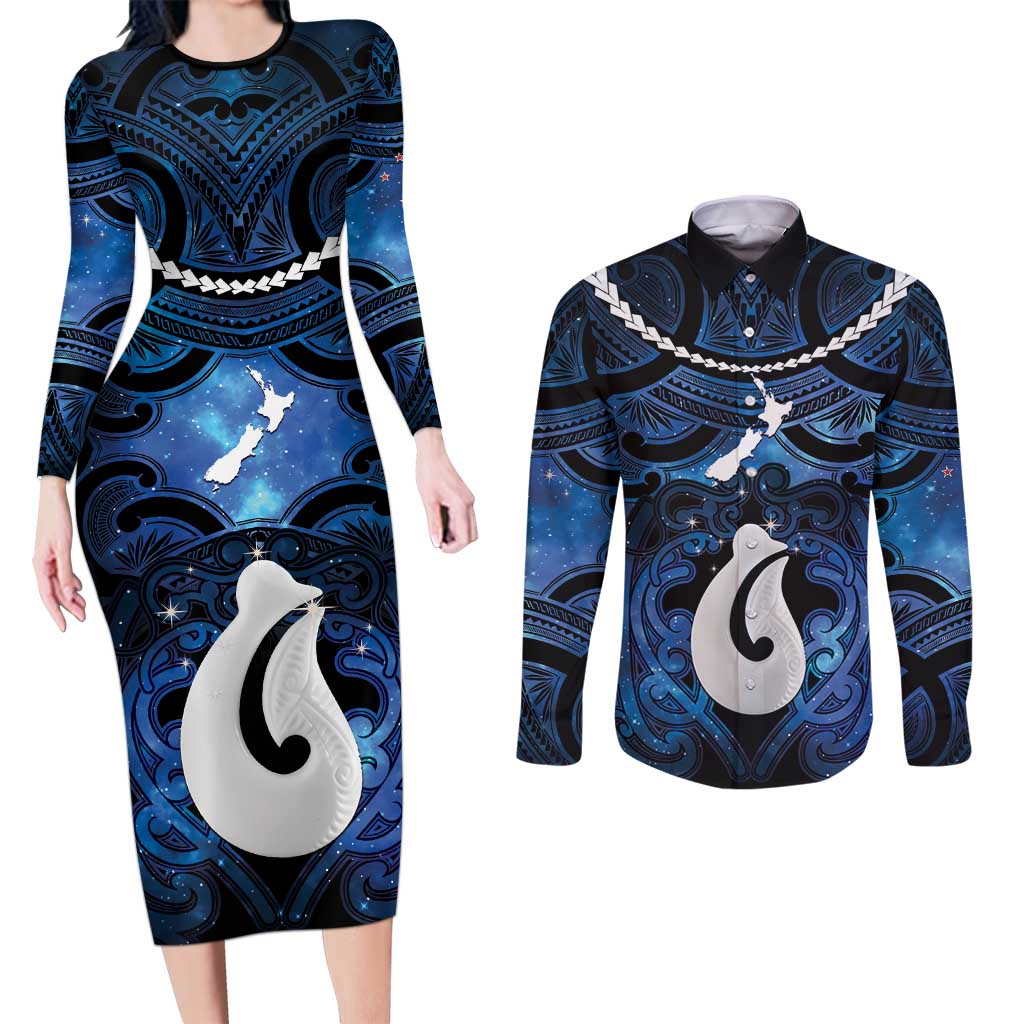 Personalized Maori Matariki Hei Matau Couples Matching Long Sleeve Bodycon Dress and Long Sleeve Button Shirt Maori Kowhaiwhai Pattern Galaxy LT01 Blue - Polynesian Pride