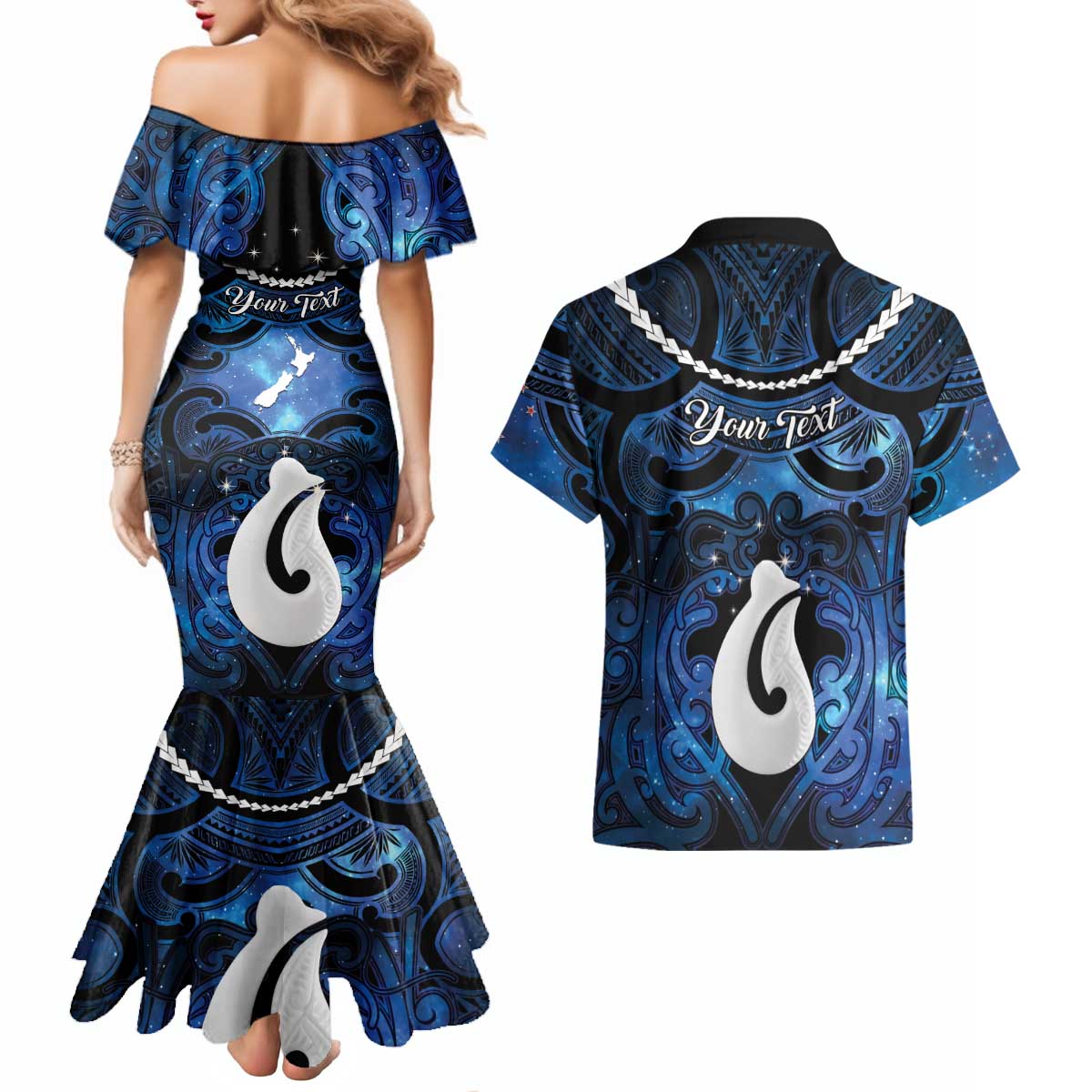 Personalized Maori Matariki Hei Matau Couples Matching Mermaid Dress and Hawaiian Shirt Maori Kowhaiwhai Pattern Galaxy
