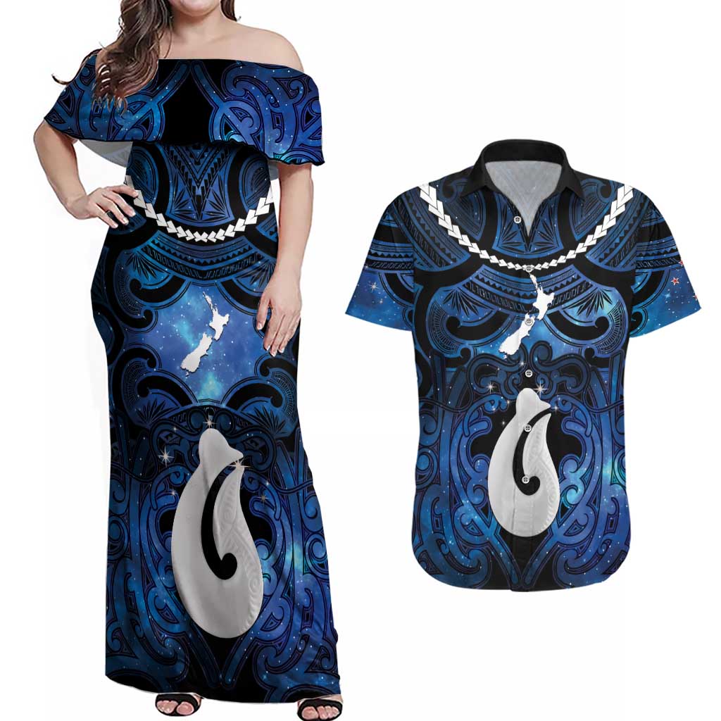 Personalized Maori Matariki Hei Matau Couples Matching Off Shoulder Maxi Dress and Hawaiian Shirt Maori Kowhaiwhai Pattern Galaxy LT01 Blue - Polynesian Pride