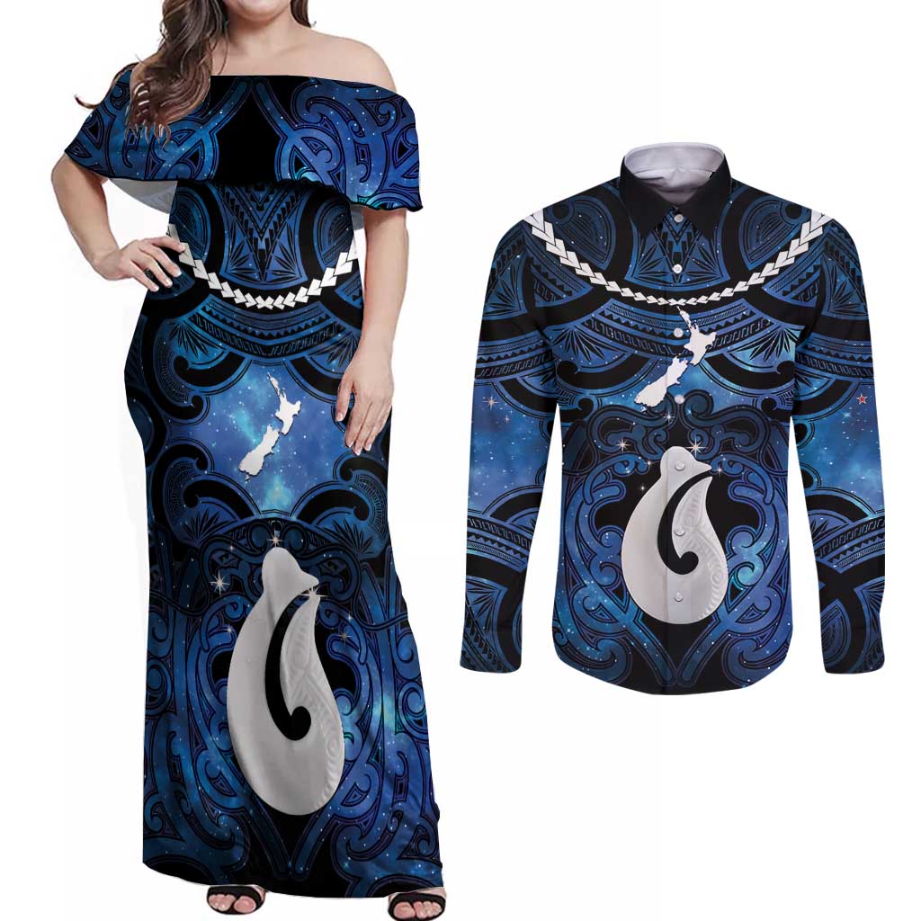 Personalized Maori Matariki Hei Matau Couples Matching Off Shoulder Maxi Dress and Long Sleeve Button Shirt Maori Kowhaiwhai Pattern Galaxy LT01 Blue - Polynesian Pride