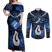 Personalized Maori Matariki Hei Matau Couples Matching Off Shoulder Maxi Dress and Long Sleeve Button Shirt Maori Kowhaiwhai Pattern Galaxy LT01 Blue - Polynesian Pride