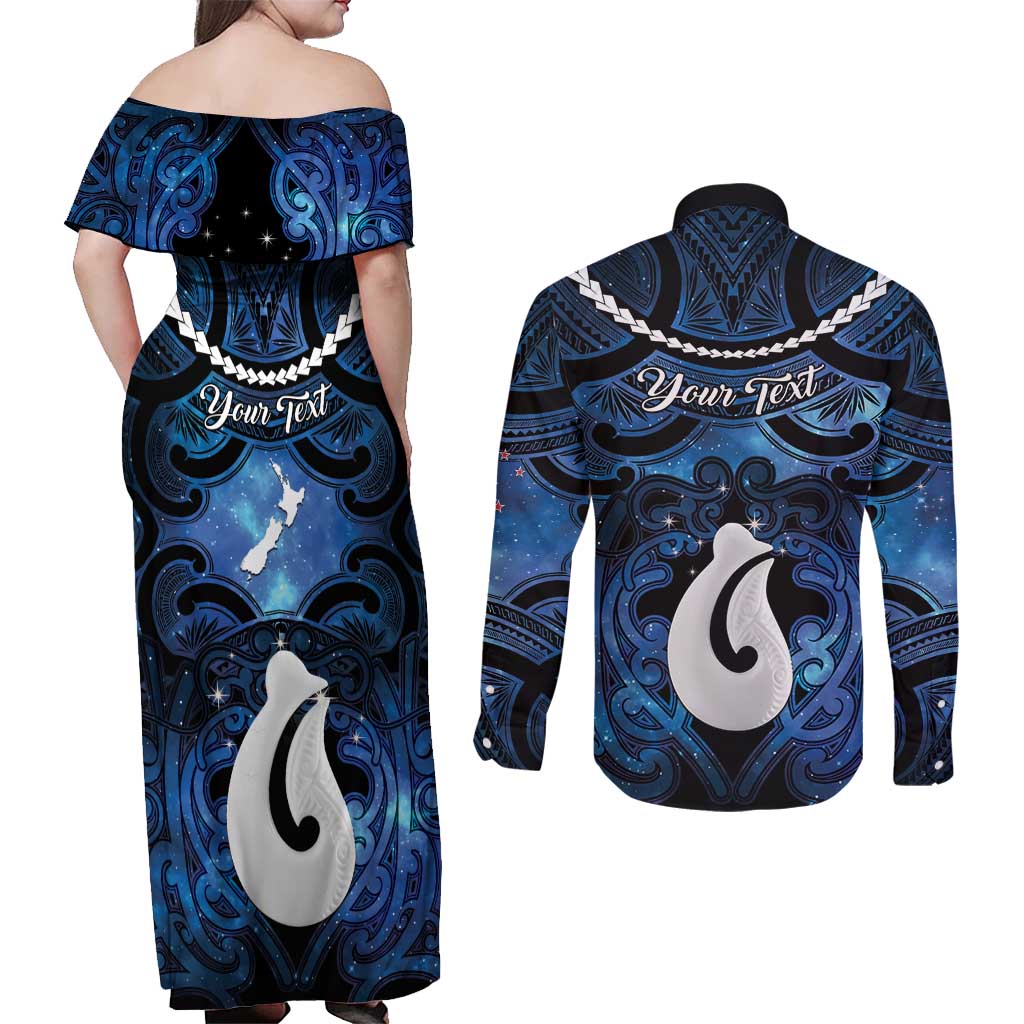 Personalized Maori Matariki Hei Matau Couples Matching Off Shoulder Maxi Dress and Long Sleeve Button Shirt Maori Kowhaiwhai Pattern Galaxy LT01 - Polynesian Pride