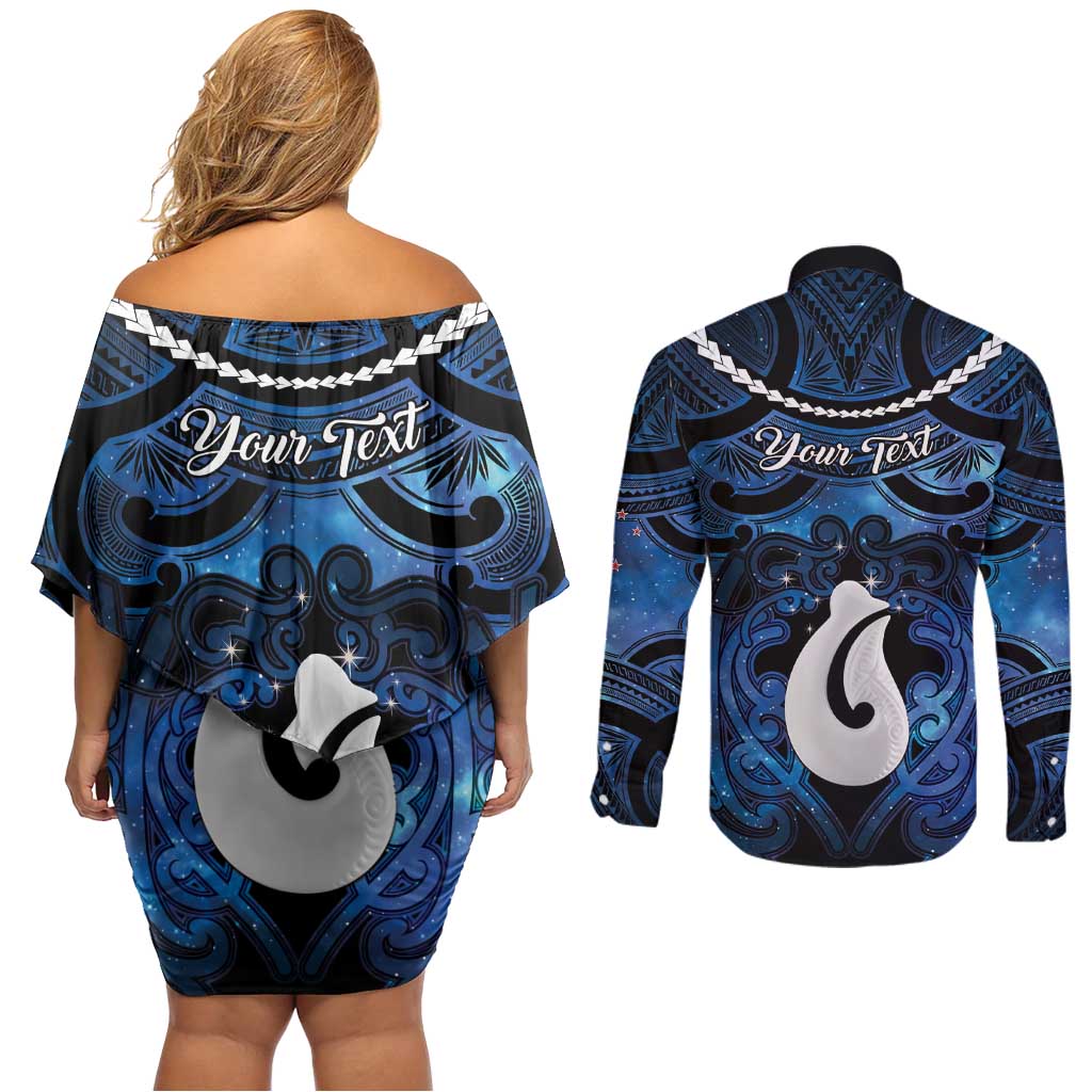Personalized Maori Matariki Hei Matau Couples Matching Off Shoulder Short Dress and Long Sleeve Button Shirt Maori Kowhaiwhai Pattern Galaxy