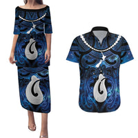 Personalized Maori Matariki Hei Matau Couples Matching Puletasi and Hawaiian Shirt Maori Kowhaiwhai Pattern Galaxy LT01 Blue - Polynesian Pride