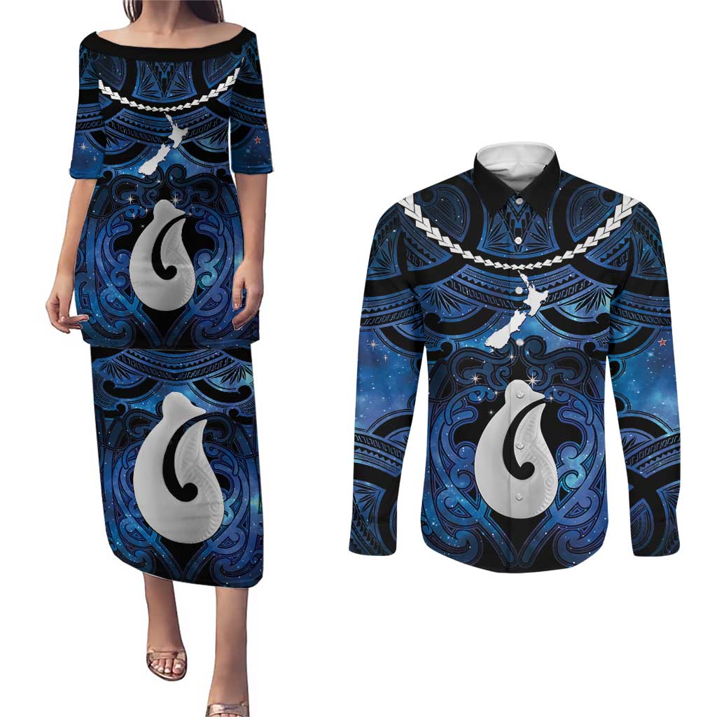 Personalized Maori Matariki Hei Matau Couples Matching Puletasi and Long Sleeve Button Shirt Maori Kowhaiwhai Pattern Galaxy LT01 Blue - Polynesian Pride