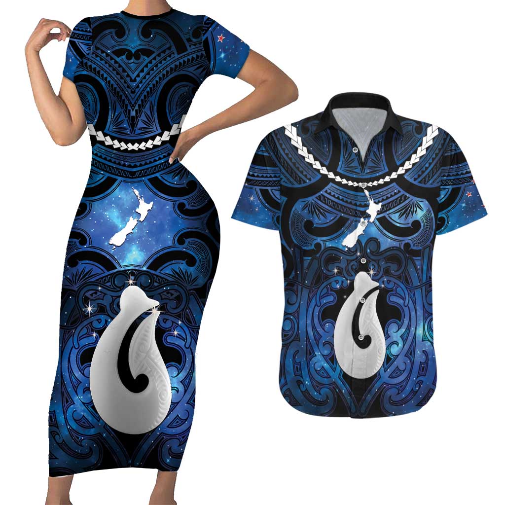 Personalized Maori Matariki Hei Matau Couples Matching Short Sleeve Bodycon Dress and Hawaiian Shirt Maori Kowhaiwhai Pattern Galaxy LT01 Blue - Polynesian Pride