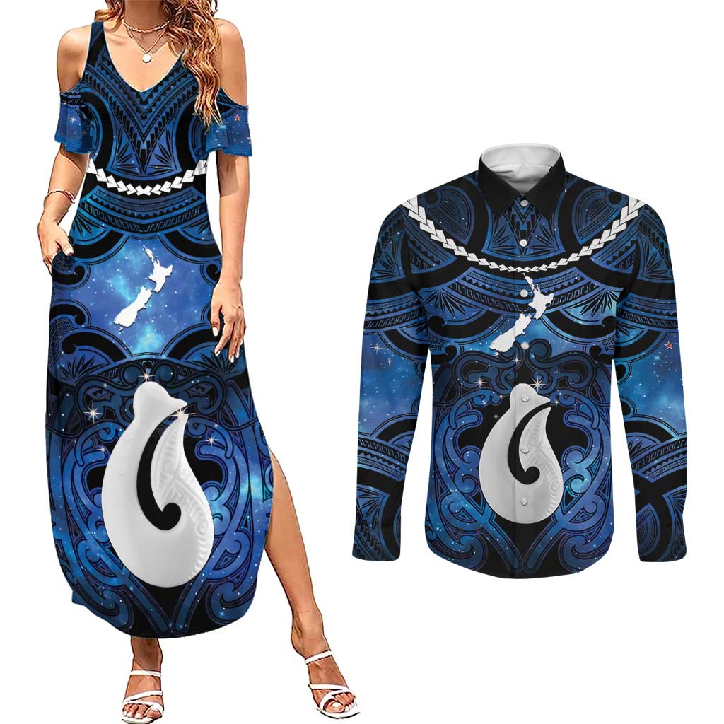 Personalized Maori Matariki Hei Matau Couples Matching Summer Maxi Dress and Long Sleeve Button Shirt Maori Kowhaiwhai Pattern Galaxy LT01 Blue - Polynesian Pride