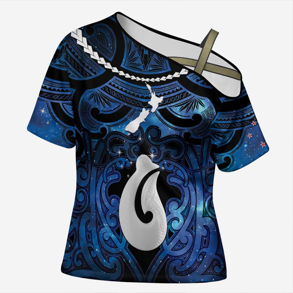 Personalized Maori Matariki Hei Matau Cross Shoulder Shirt Maori Kowhaiwhai Pattern Galaxy LT01 Female Blue - Polynesian Pride