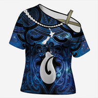 Personalized Maori Matariki Hei Matau Cross Shoulder Shirt Maori Kowhaiwhai Pattern Galaxy LT01 Female Blue - Polynesian Pride