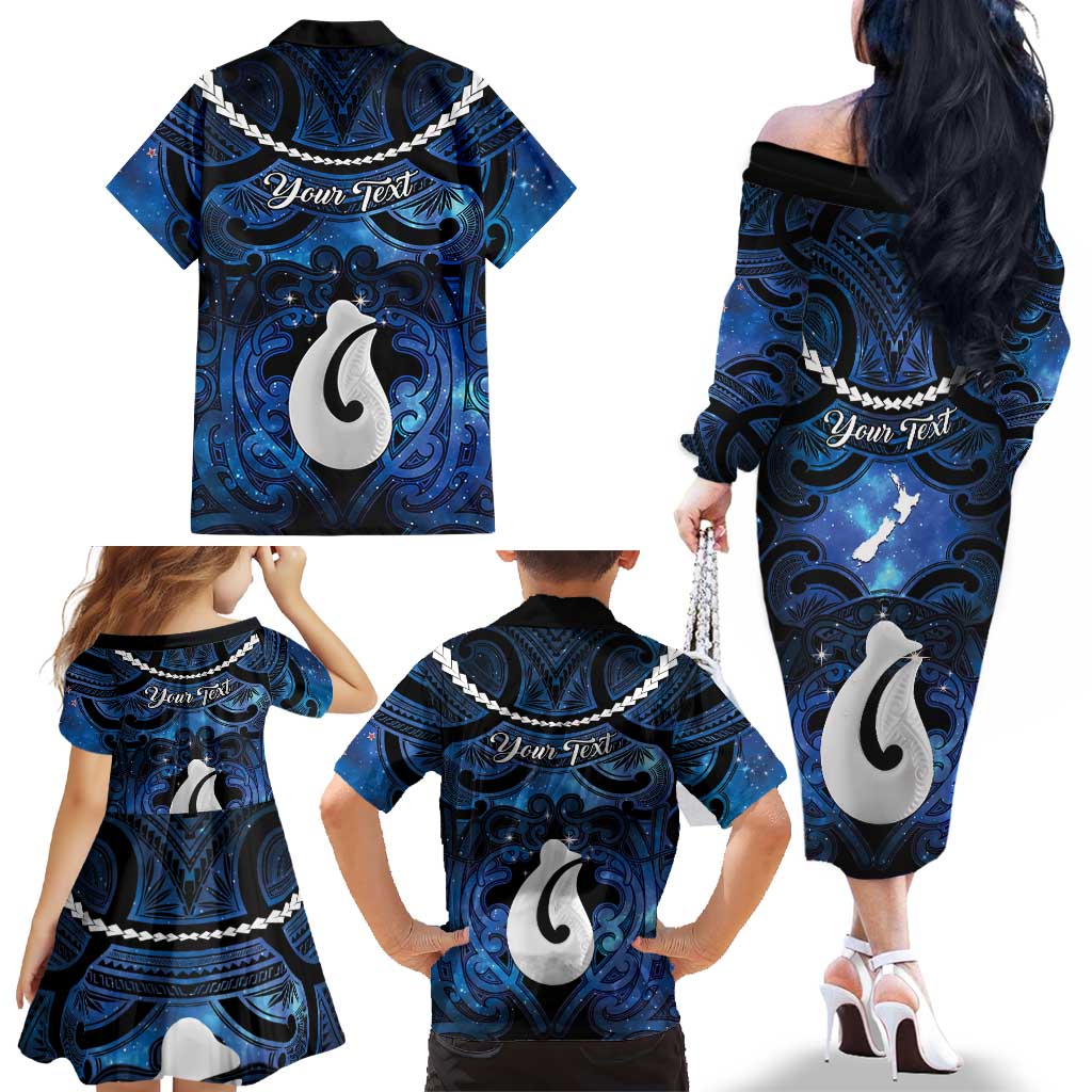 Personalized Maori Matariki Hei Matau Family Matching Off The Shoulder Long Sleeve Dress and Hawaiian Shirt Maori Kowhaiwhai Pattern Galaxy