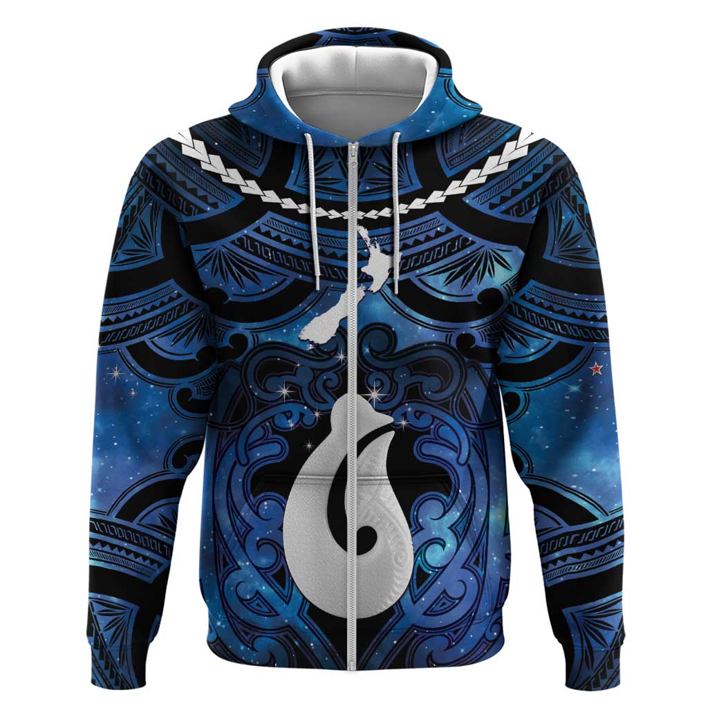 Personalized Maori Matariki Hei Matau Hoodie Maori Kowhaiwhai Pattern Galaxy LT01 Zip Hoodie Blue - Polynesian Pride