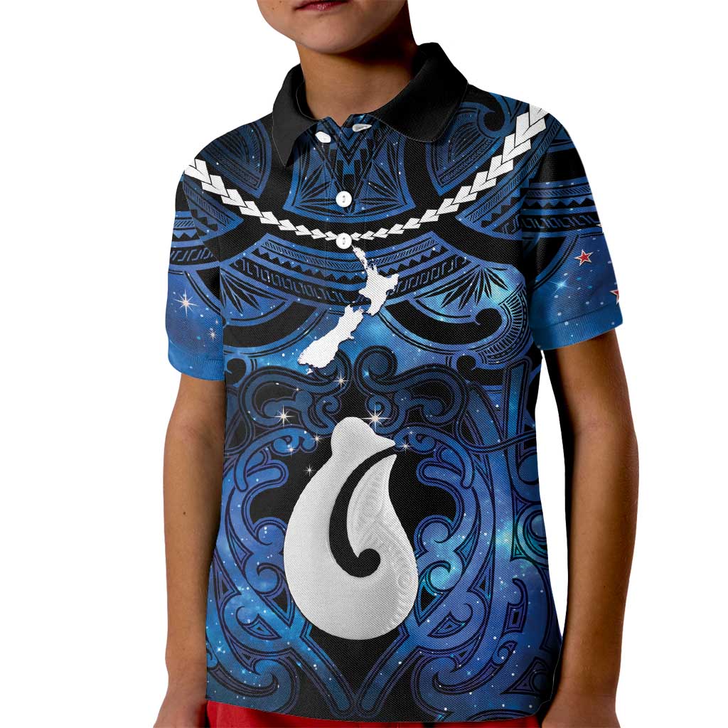 Personalized Maori Matariki Hei Matau Kid Polo Shirt Maori Kowhaiwhai Pattern Galaxy LT01 Kid Blue - Polynesian Pride