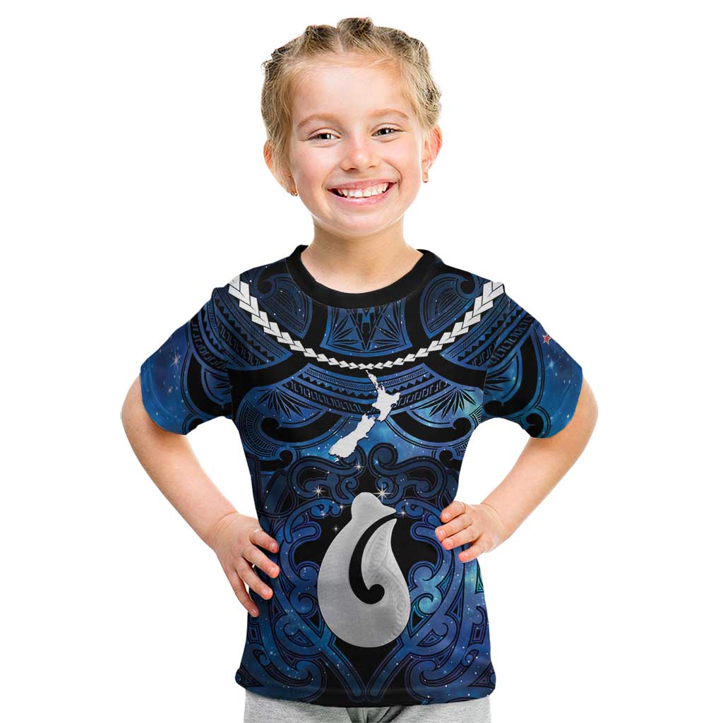 Personalized Maori Matariki Hei Matau Kid T Shirt Maori Kowhaiwhai Pattern Galaxy LT01 Blue - Polynesian Pride