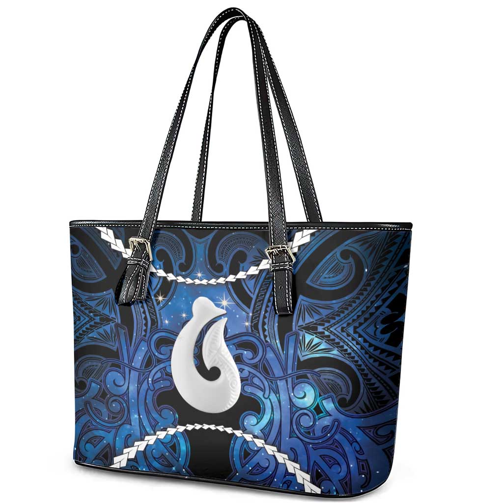 Maori Matariki Hei Matau Leather Tote Bag Maori Kowhaiwhai Pattern Galaxy LT01 - Polynesian Pride