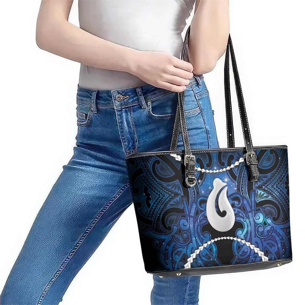 Maori Matariki Hei Matau Leather Tote Bag Maori Kowhaiwhai Pattern Galaxy LT01 - Polynesian Pride
