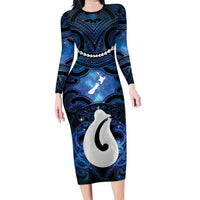 Personalized Maori Matariki Hei Matau Long Sleeve Bodycon Dress Maori Kowhaiwhai Pattern Galaxy LT01 Long Dress Blue - Polynesian Pride