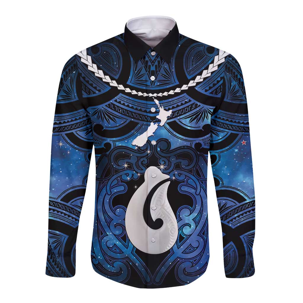 Personalized Maori Matariki Hei Matau Long Sleeve Button Shirt Maori Kowhaiwhai Pattern Galaxy LT01 Unisex Blue - Polynesian Pride
