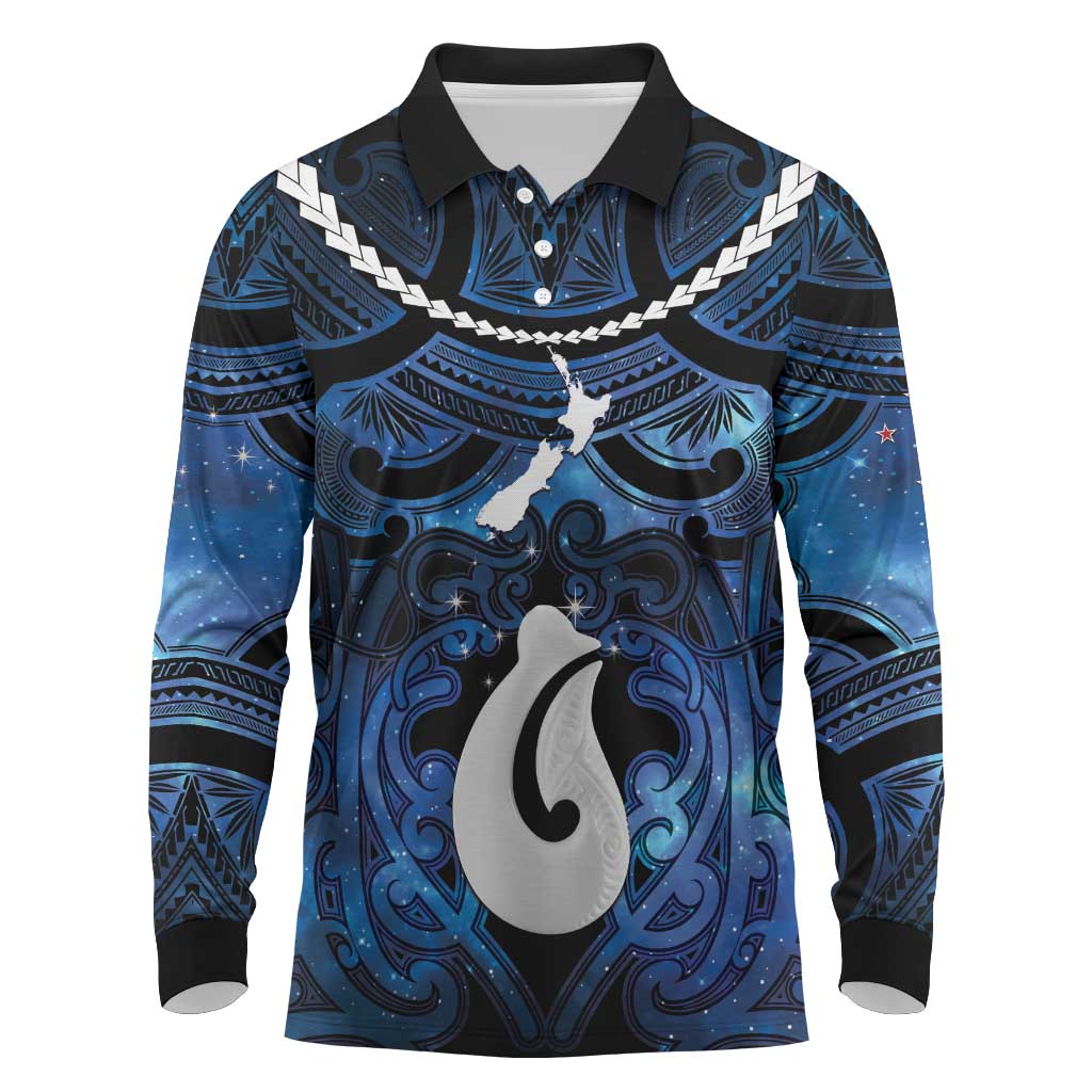 Personalized Maori Matariki Hei Matau Long Sleeve Polo Shirt Maori Kowhaiwhai Pattern Galaxy LT01 Blue - Polynesian Pride